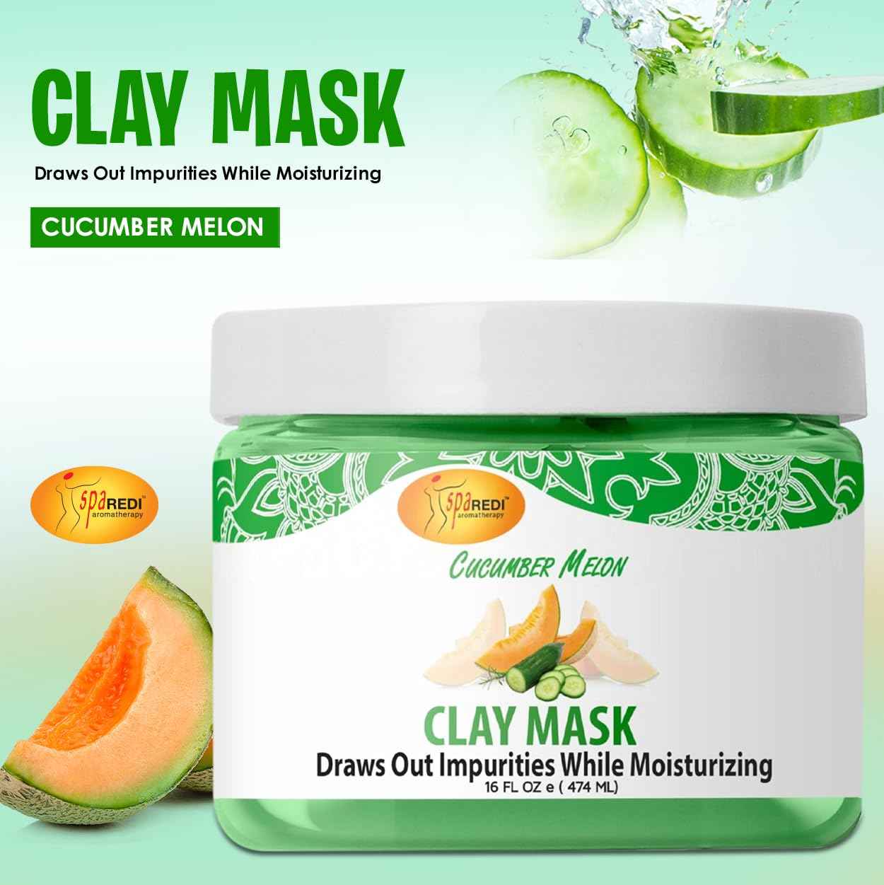 SPA REDI - Clay Mask, Cucumber and Melon, 16 Oz - Pedicure and Body Deep Cleansing, Skin Pore Purifying, Detoxifying and Hydrating