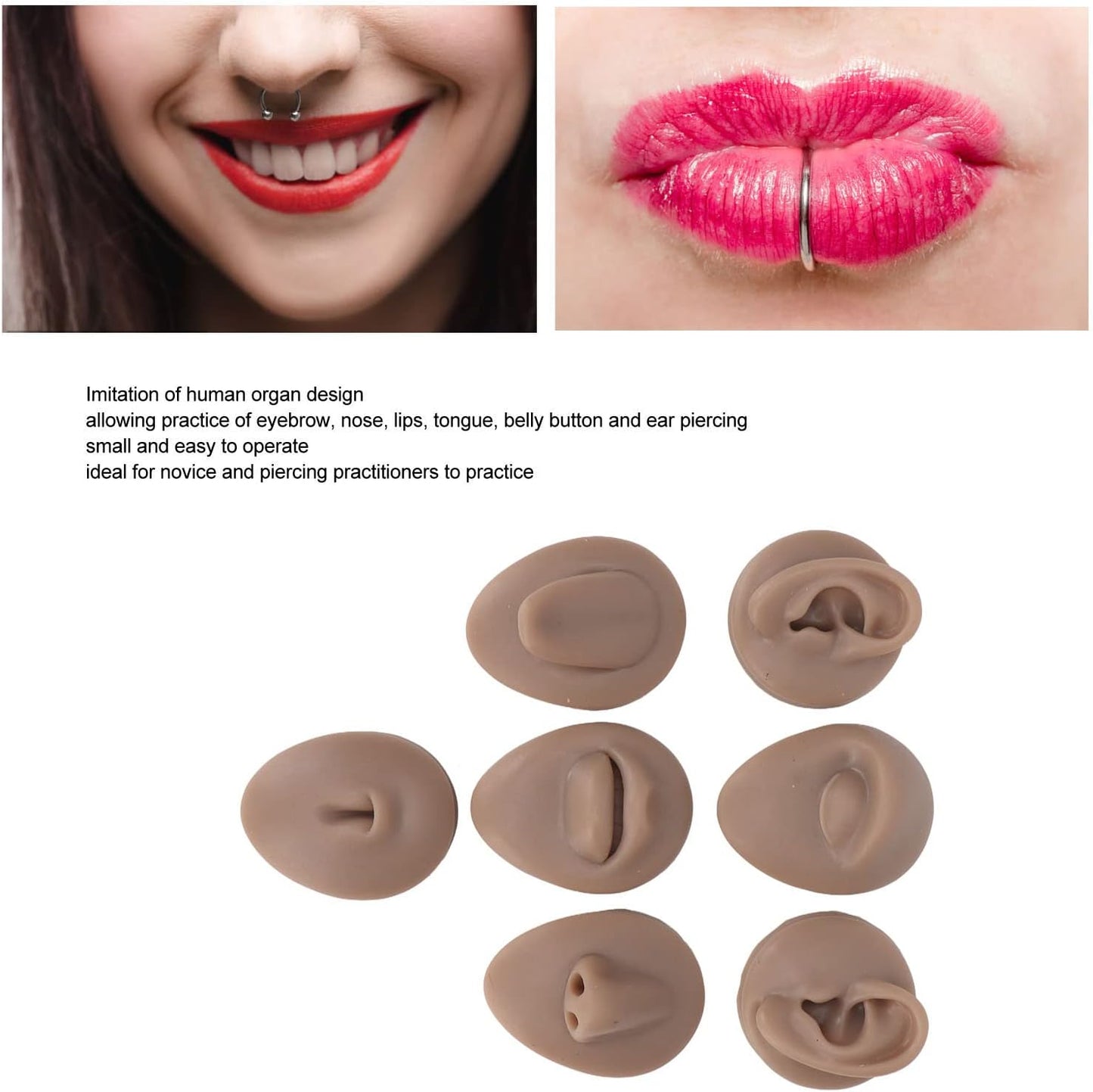 Soft Silicone Flexible Body Part Display Set - Tongue, Mouth, Navel & Ear Models for Piercing Practice | Dark Color