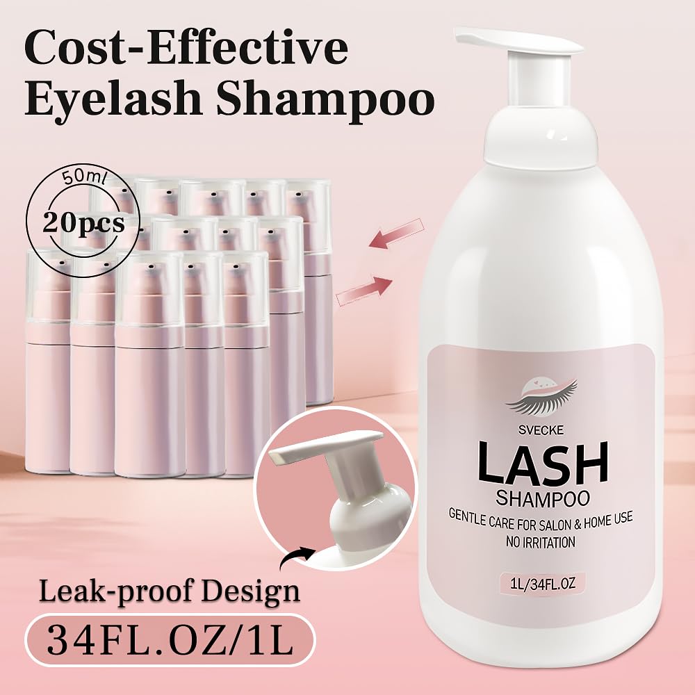 SVECKE Lash Shampoo 34fl.oz/1L, Eyelash Shampoo for Lash Extension, Eyelash Extension Cleanser, Lash Eyelid Foam Cleaning Kit for Salon Use and Home Use