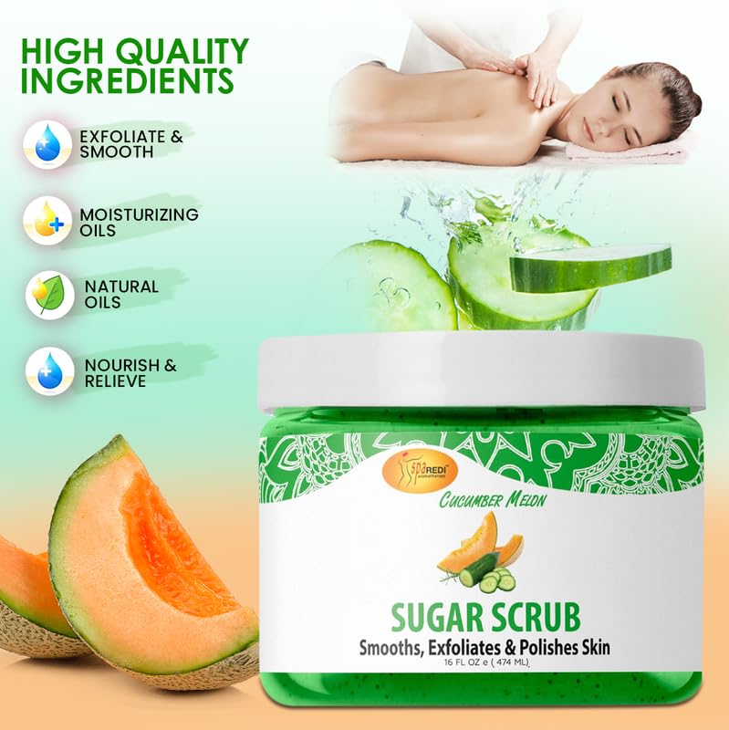 SPA REDI – Sugar Body Scrub, Cucumber Melon, 16 Oz, Exfoliating, Moisturizing, Hydrating and Nourishing, Glow, Polish, Smooth and Fresh Skin - Body Exfoliator