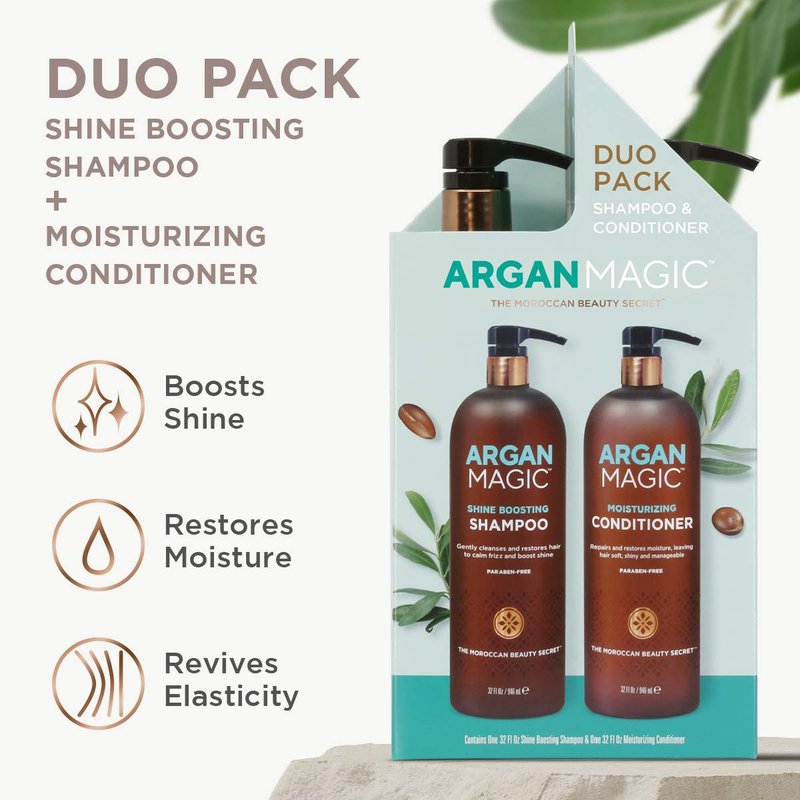 Argan Magic Shine Boosting Shampoo & Moisturizing Conditioner Duo - Gently Cleanses, Boosts Shine, Controls Frizz, Restores Moisture, Detangles | Paraben Free, (32 oz)
