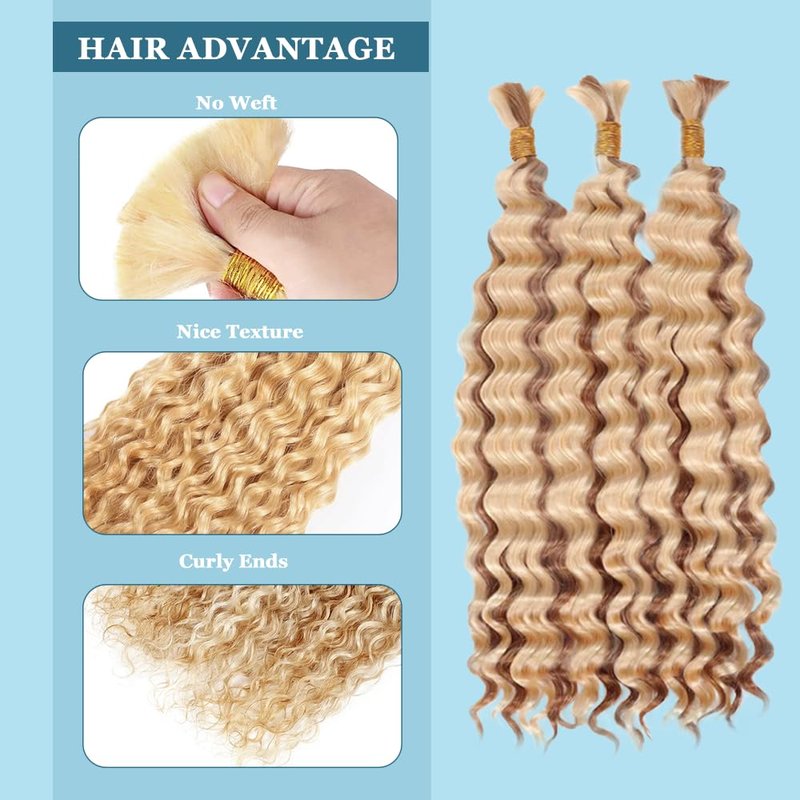 613 Blonde Human Braiding Hair for Boho Braids 613 Deep Wave Human Bulk Braiding Hair 150g 20 inch LadrXadr Honey Blonde Deep Wave 3 Bundles