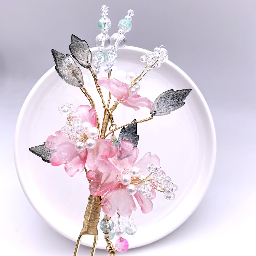 Rabith Henn Elegant 3-Tier Lotus Hair Stick, Transparent Multicolor Resin Flower Hair Pin for Women, Japanese Chinese Bun Updo Hairstyle Accessory Gift (Peony Pink)