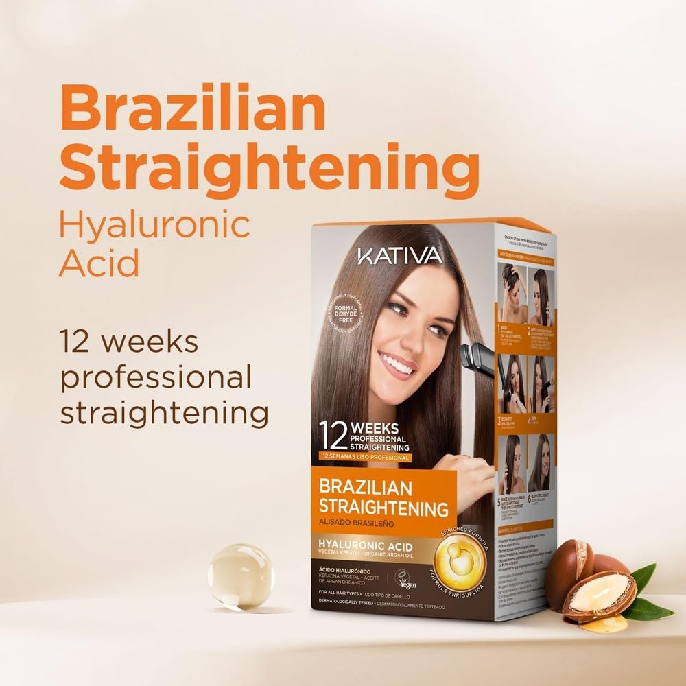 Kativa Brazilian Straightening Kit, 12 Weeks of Home Use Professional Straightening, with Organic Argan Oil, Shea Butter, Keratin & Amino Acids, for Straighter, Softer and Shinier Hair, All Hair Types – Pack of 2