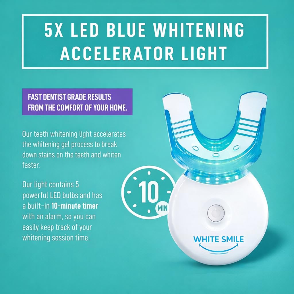 White Smile Teeth Whitening Kit with LED Light System, 35% Carbamide Peroxide, 3 Gel Syringes, Mouth Tray, 10-Minute Treatment, Non-Sensitive Formula, Stain Removal, Whitens up to 10 Shades in 7 Days