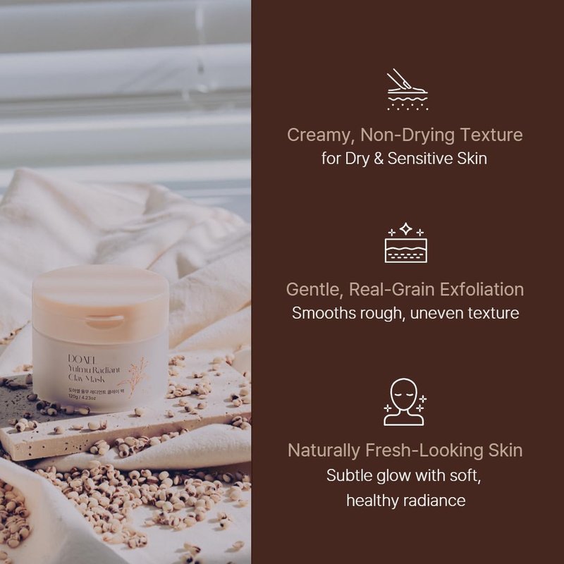 DOAEL Yulmu Radiant Clay Mask 120g 4.23 oz Coix (Job’s Tears) Seed Grain, Removes Blackhead and Whitehead, Pore Care, Dry Skin & Sensitive Skin, Korean Skincare, Vegan Certified,