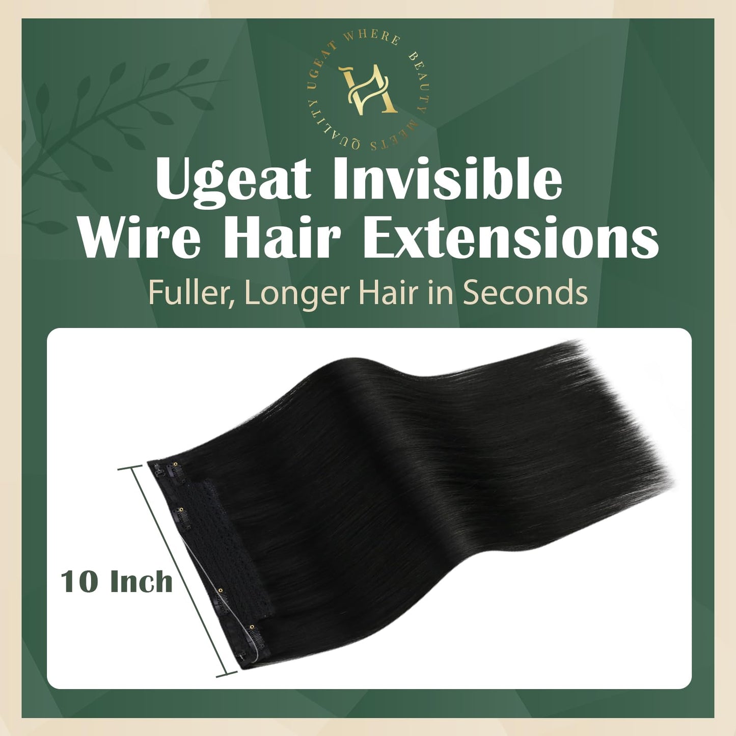 Ugeat Wire Hair Extensions Jet Black, Invisible Wire Hair Extensions Real Human Hair Jet Black, Natural Looking for Women Thin Hair Short Length 12 Inch 70g