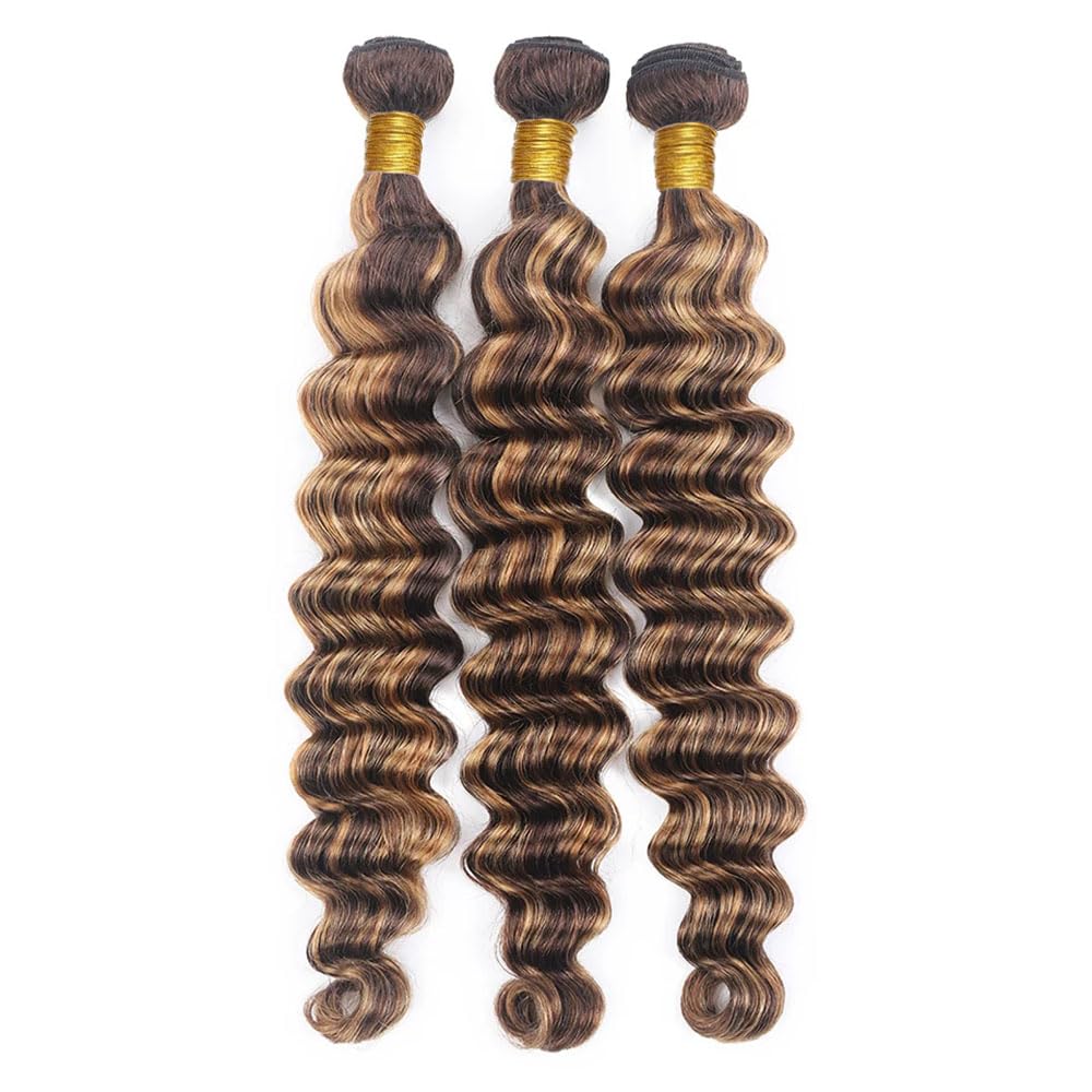 Ombre Bundles Human Hair 4/27 Deep Wave Human Hair Bundles 12 12 12 Inch Highlight Honey Blonde Bundle Double Weft Salon Quality Brazilian Virgin Remy Hair Extensions 300g