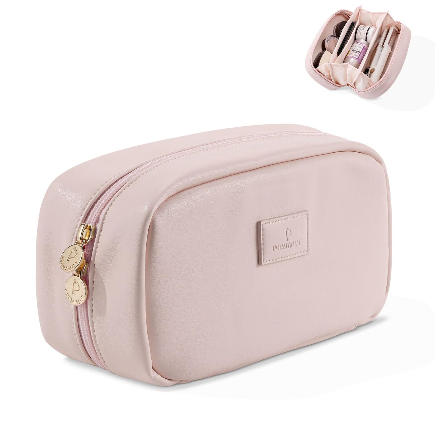 Pocmimut Makeup Bag,Open Flat Makeup Pouch Purse Car Accessories,Travel Essentials Organizer with Divider,Christmas Birthday Gifts for Mom and Lover,Pink