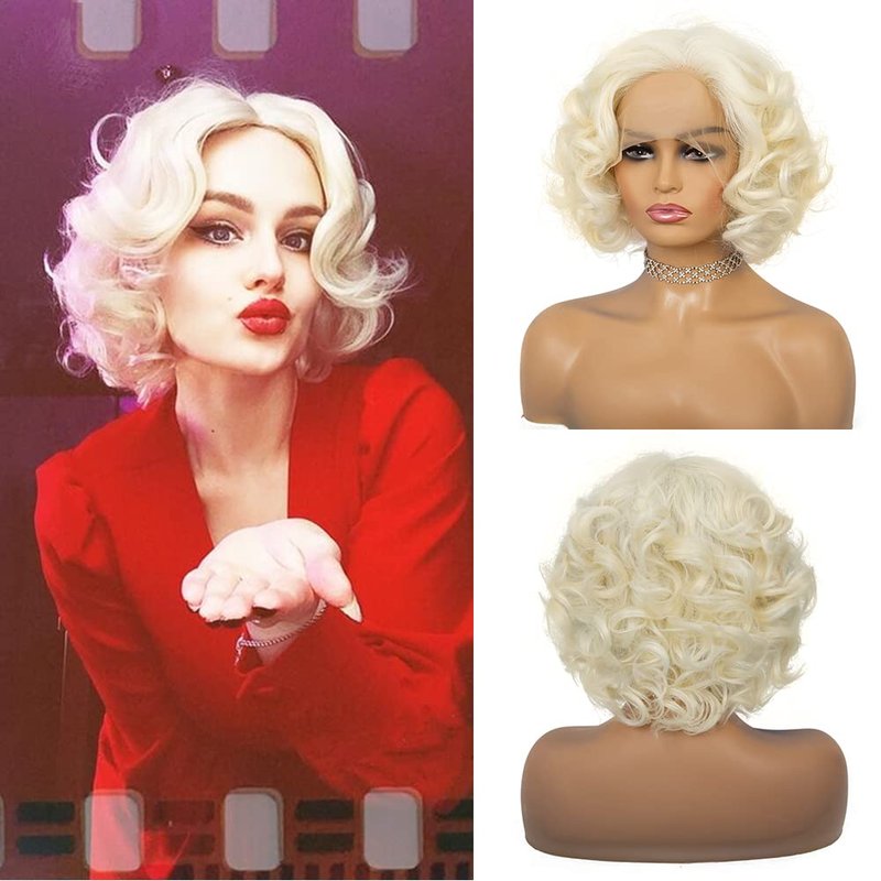 Amnenl Short Blonde 1920s Lace Front Wig Curly Bob Synthetic Hair Natural Hairline Platinum Blonde 40s 50s Wigs for Women