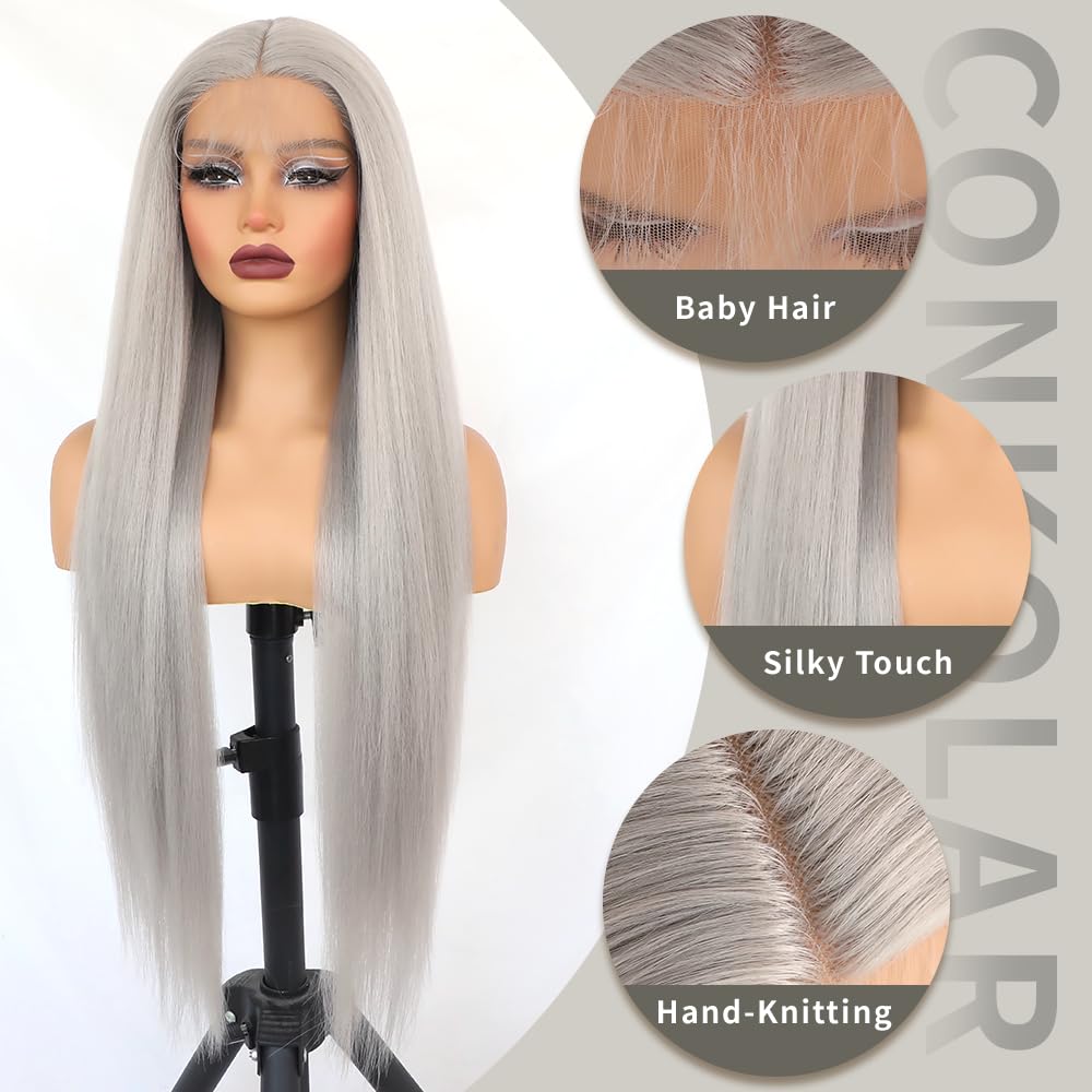 Conkolar Long Hair Wigs for Women Gray Color Synthetic Lace front Wig Middle Part Natural Hairline Pre-Plucked Long Straight Wigs