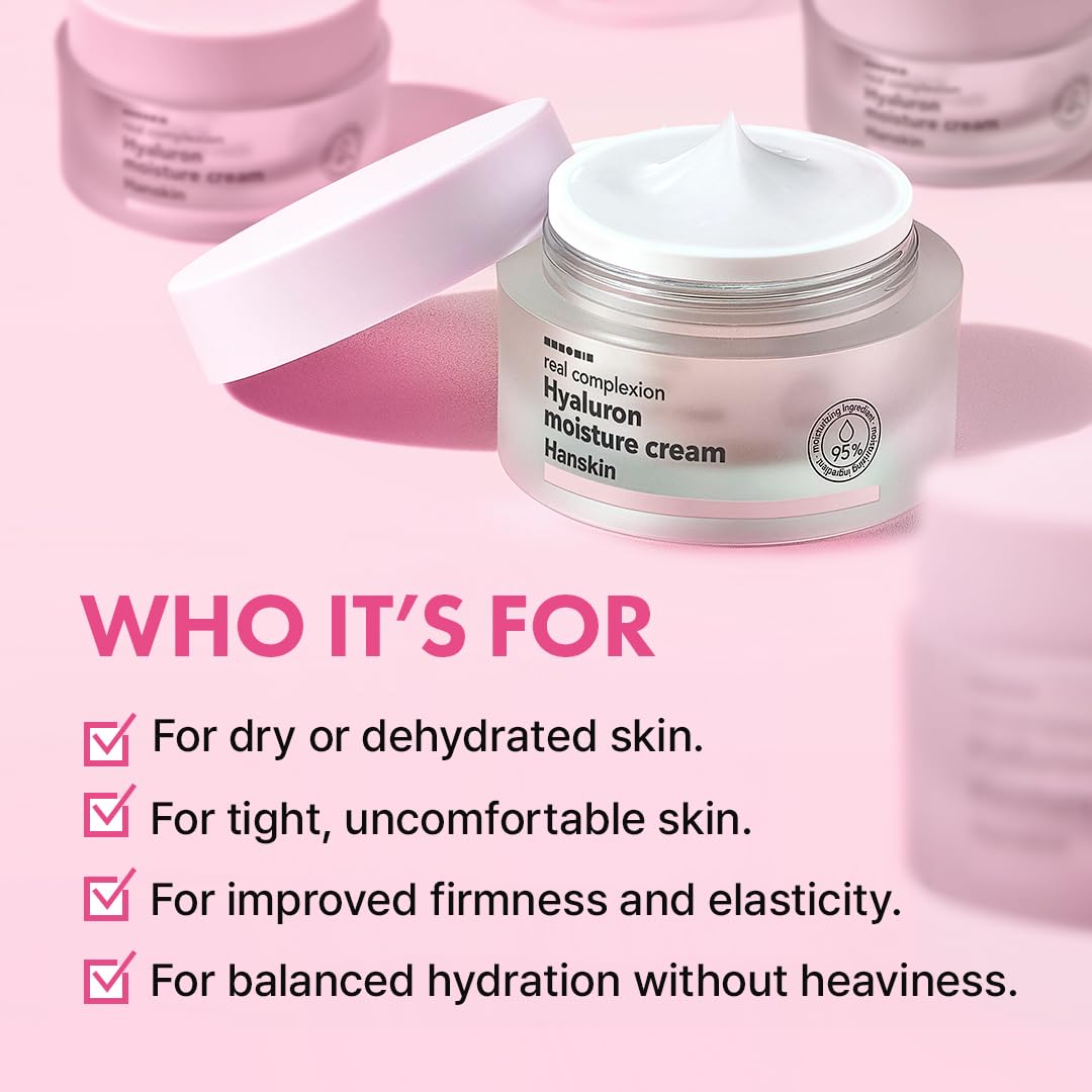 Hanskin Real Complexion Hyaluronic Moisture Cream,Hyaluronic Acid Moisturizer with Niacinamide Vitamin E Moisturizing Lotion for Sensitive and Dry Skin Korean Skincare 1.69 fl.oz.