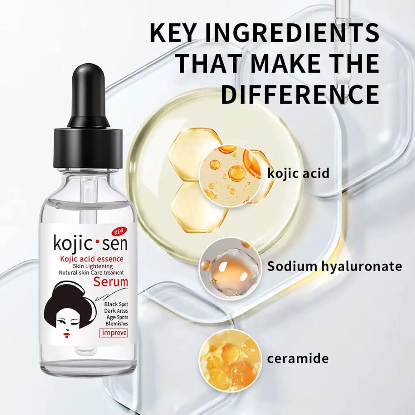 Kojic Acid Essence Serum for Radiant Complexion – Hydrating Facial Essence with Ceramide and Hyaluronic Acid – Reduces Dark Spots and Blemishes – 30ml