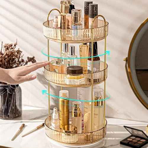 Makeup Organizer for Vanity, 360¡Æ Rotating Bathroom Organizer Countertop, High-Capacity Skincare Organizer, Spinning Cosmetics Organizer for Dresser Countertop (3 Tiers, Amber)