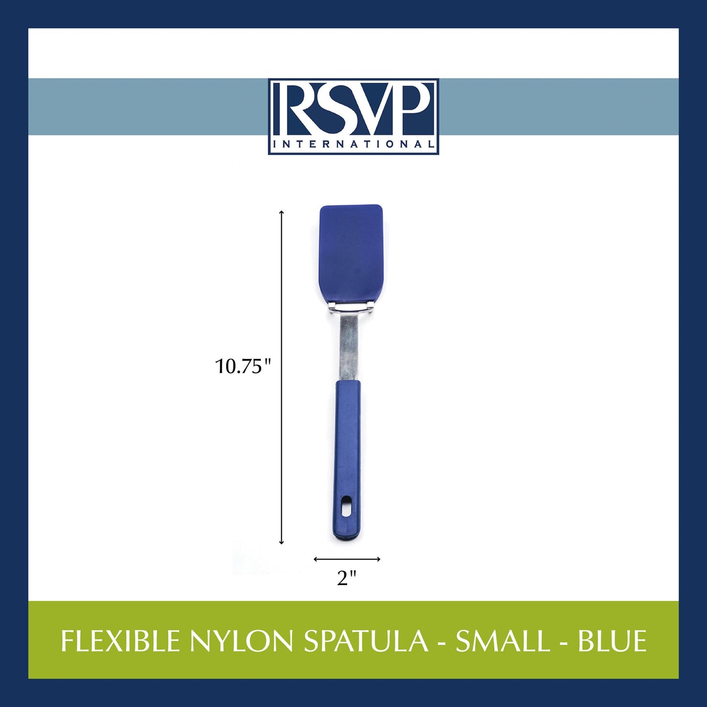 RSVP International Kitchen Tool Collection Flexible Nylon Spatula, Stainless Steel Handle, 10.75x2", Blue