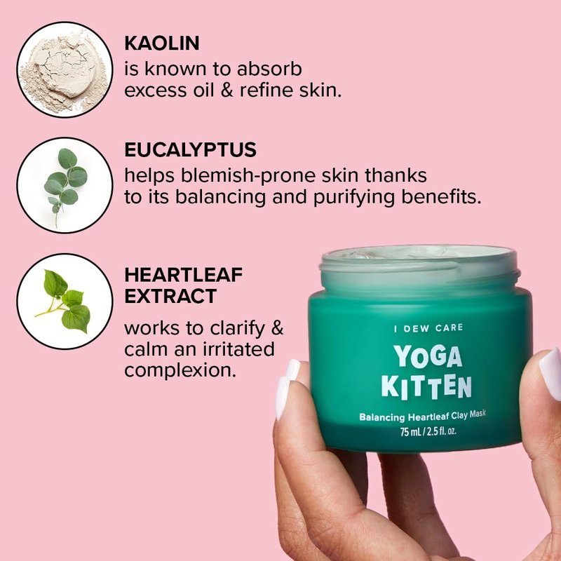 I DEW CARE Heartleaf Clay Mask - Yoga Kitten | Wash-off, For Blemish-prone with Kaolin, Heartleaf, Tea Tree Extract, Home Spa, Korean Skincare, Glass Skin Look, Soothing, Christmas Gifts, 2.5 FL Oz
