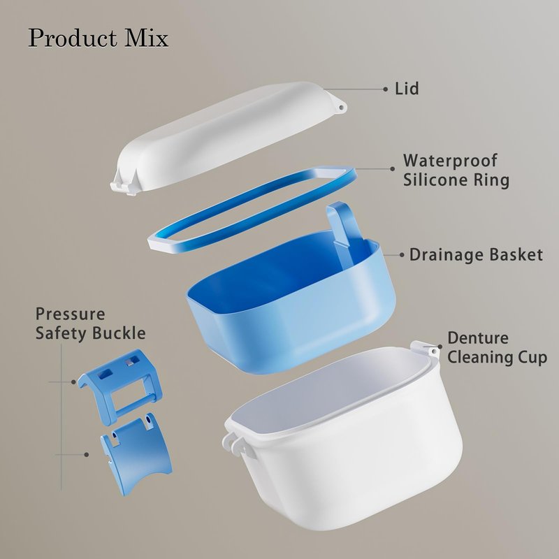 BVN Denture Bath Case, Leak-Proof Retainer Cleaning Case with Rinsing Basket, Portable Mouth Guard Container for Soaking & Storage, Travel False Teeth Box