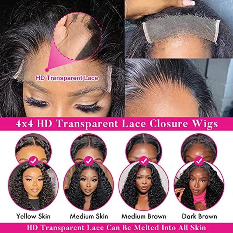 FIRIEYA Deep Wave Lace Front Wigs Human Hair Wigs for Black Women 180% Density 4X4 HD Transparent Lace Closure Human Hair Wigs for Black Women Glueless with Baby Hair Natural Color(24 Inch)