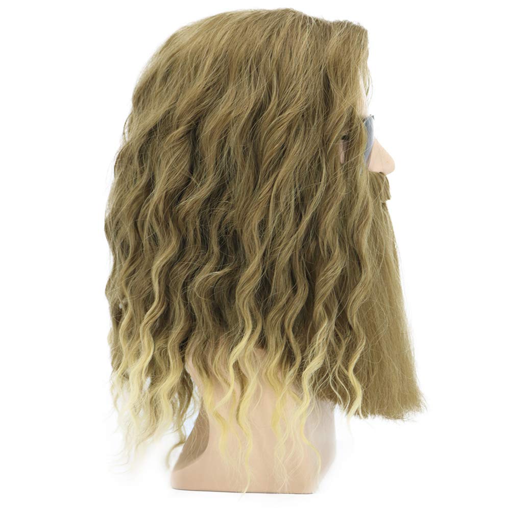 MAGQOO Golden Brown Wig with Beard Mustaches Men's Long Curly Wig Golden Brown Hair Wigs Halloween Cosplay Costume Party Wigs
