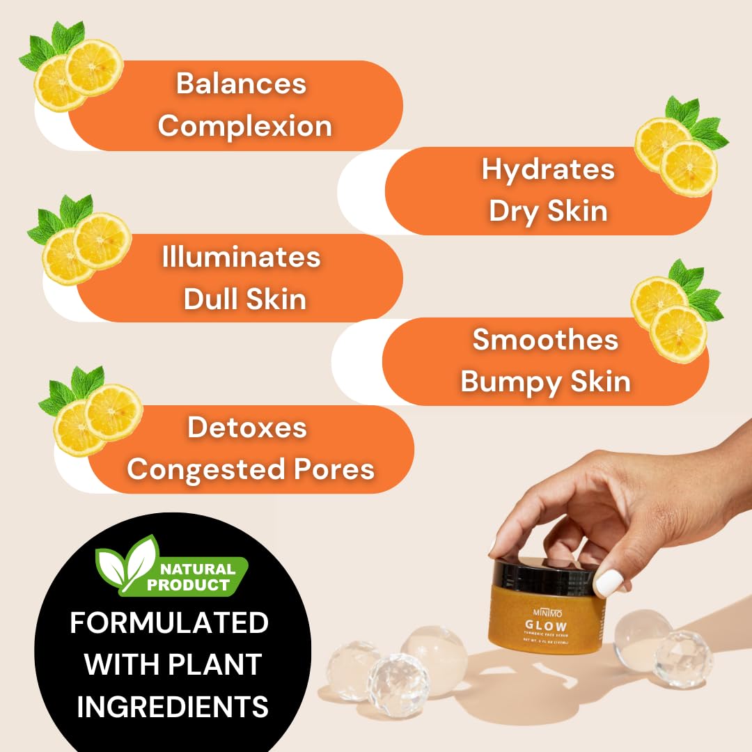 Minimo Glow Turmeric Face Scrub (Unscented) With Heart Applicator - Infused with Turmeric, Manuka Honey, Cinnamon, and Chamomile - Face Scrubber for All Skin Types - 5 FL OZ (147 ML)
