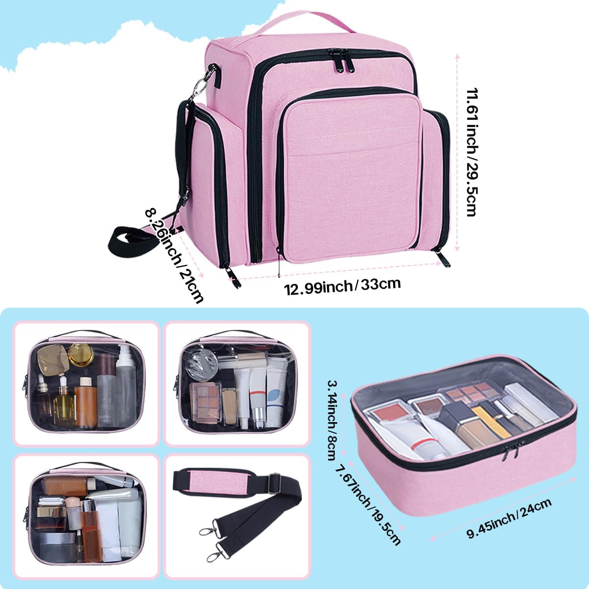 Large Makeup Bag Organizer - Multifunctional Cosmetic Case with 3 Removable Pouches | Pink Travel Storage