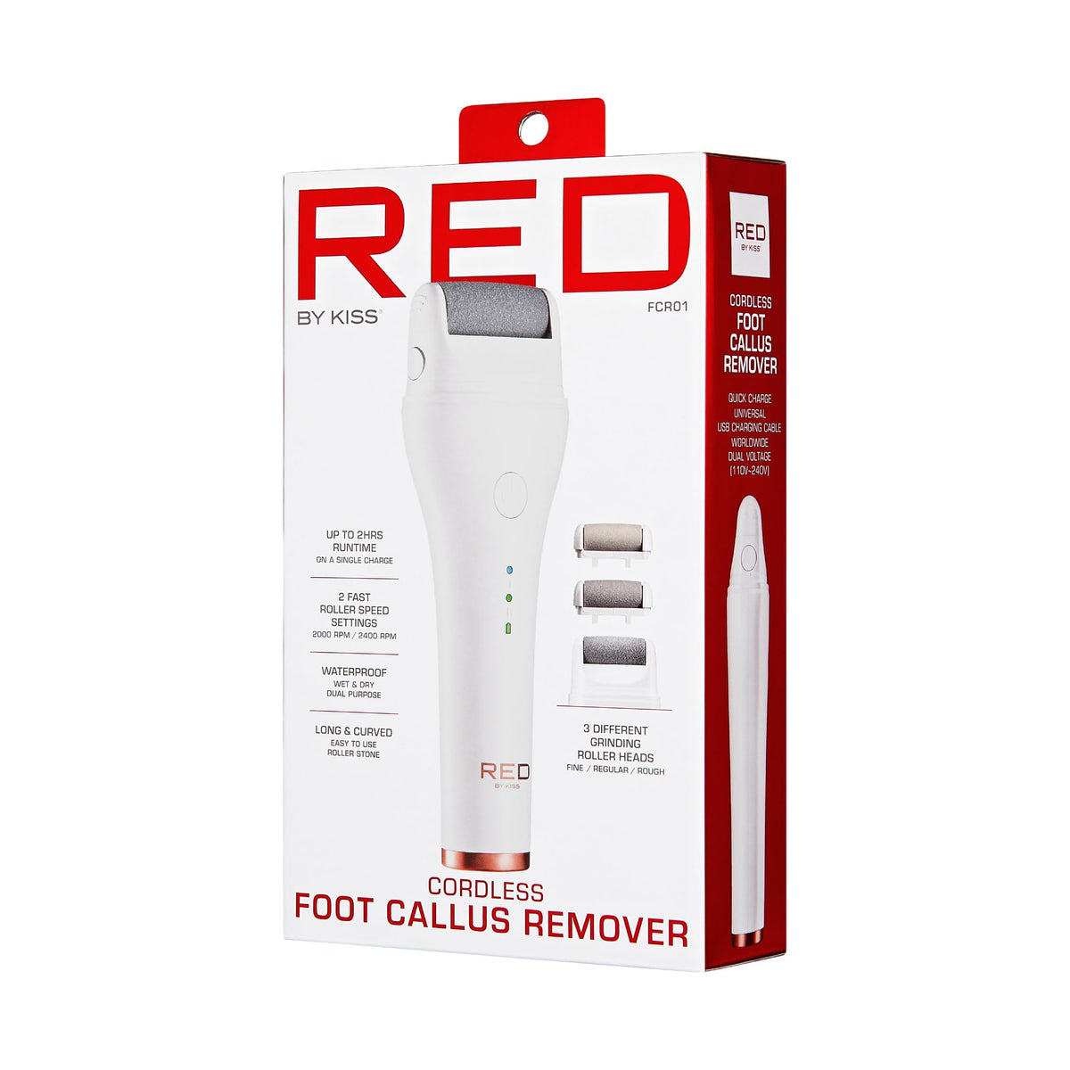 Red by Kiss Cordless Electric Foot File Callus Remover, 3 Roller Heads & 2 Speed Setting, Long and Curved Roller Head Stone, Wet & Dry Dual Purpose, Up to 2 hr Runtime, Easy & Portable