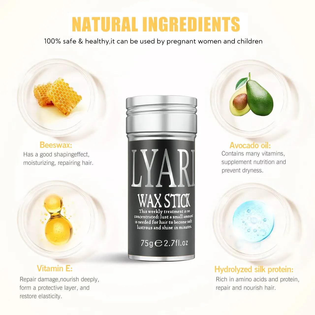 LYARI Hair Wax Stick, Hair-Styling Waxes, Nourishing Accessories - Slick Stick for Both Women & Kids, Gel Tamer for Flyaways, Bun Maker & Styling Cream, 2.7 Fl Oz