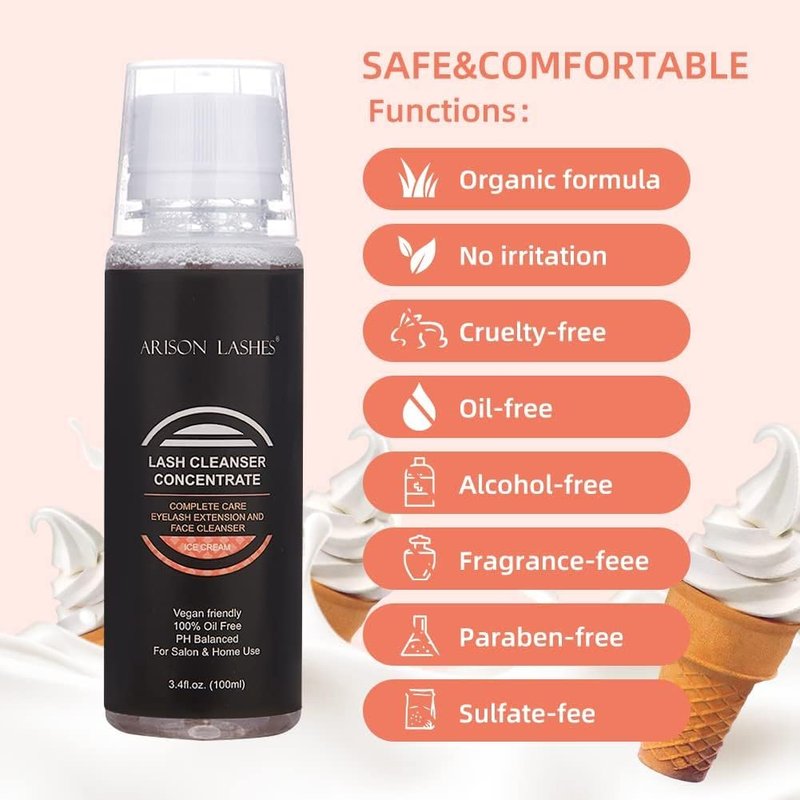 ARISON LASHES Lash Shampoo Concentrate for Lash Extensions Eyelash Cleanser Concentrate Oil-Free Eyelash Extension Shampoo with Salon Home Care(100ML ICE Cream)