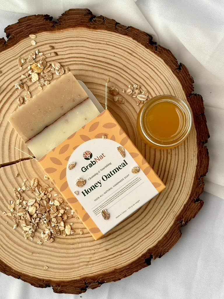 GrabNat 4-Pack Oatmeal Honey Soap | Handmade, All-Natural, Cold-Processed | Gentle Cleanse for Face & Body, Suitable for All Skin Types (4 x100grams/4 x 3.5oz)