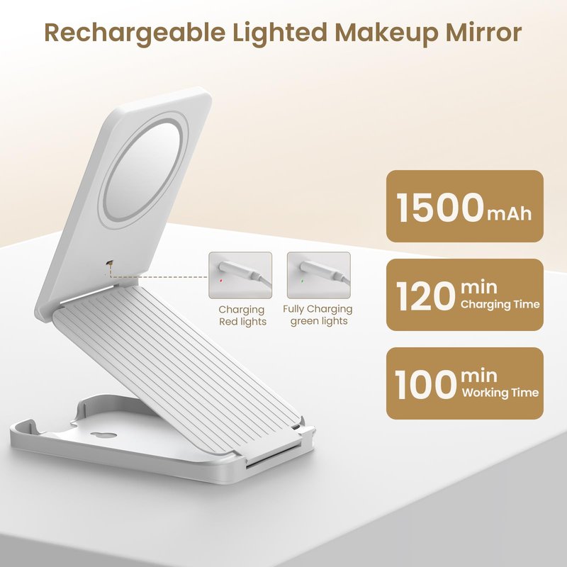 LAMPICK Travel Makeup Mirror with Lights, Foldable 1X Vanity Lighted Mirror with 10X Magnification, Rechargeable 1500mAh Battery, Dimmable Touch Screen, Freely Adjust Height and Angle