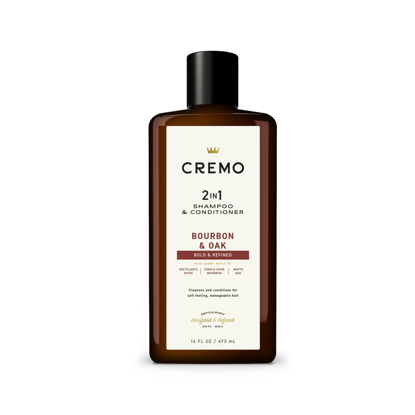 Cremo Bourbon & Oak 2-in-1 Shampoo & Conditioner, Barber Grade Quality That Moisturizes and Cleanses All Hair Types, 16 Fl Oz