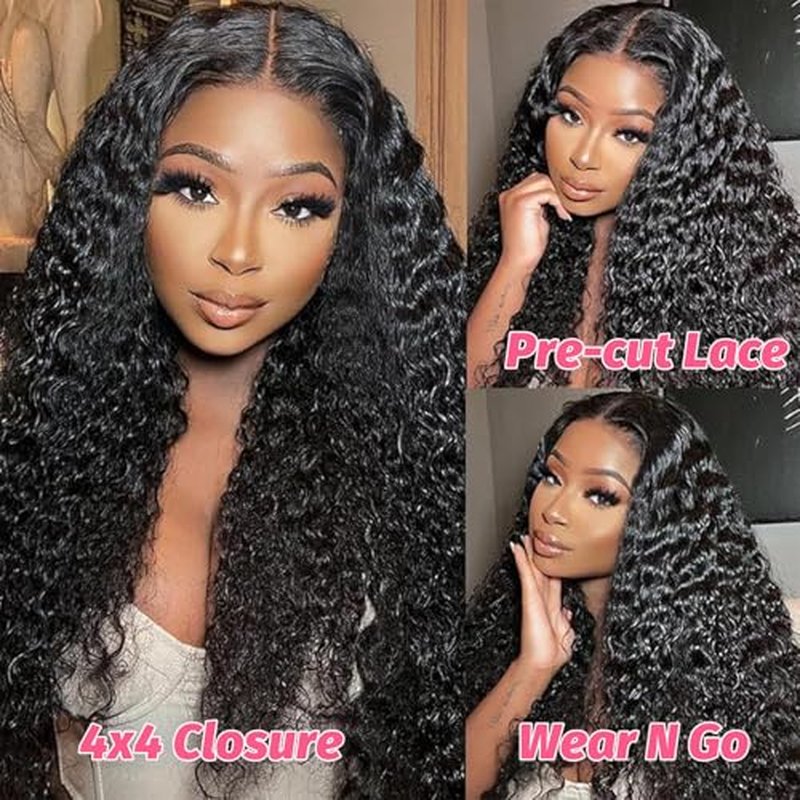 ALLRUN Wear and Go 4x4 Water Wave Closure Wig Human Hair 20 Inch Curly Wig for Black Women Glueless HD Lace Pre-Cut Pre-Plucked Bleached 180% Density