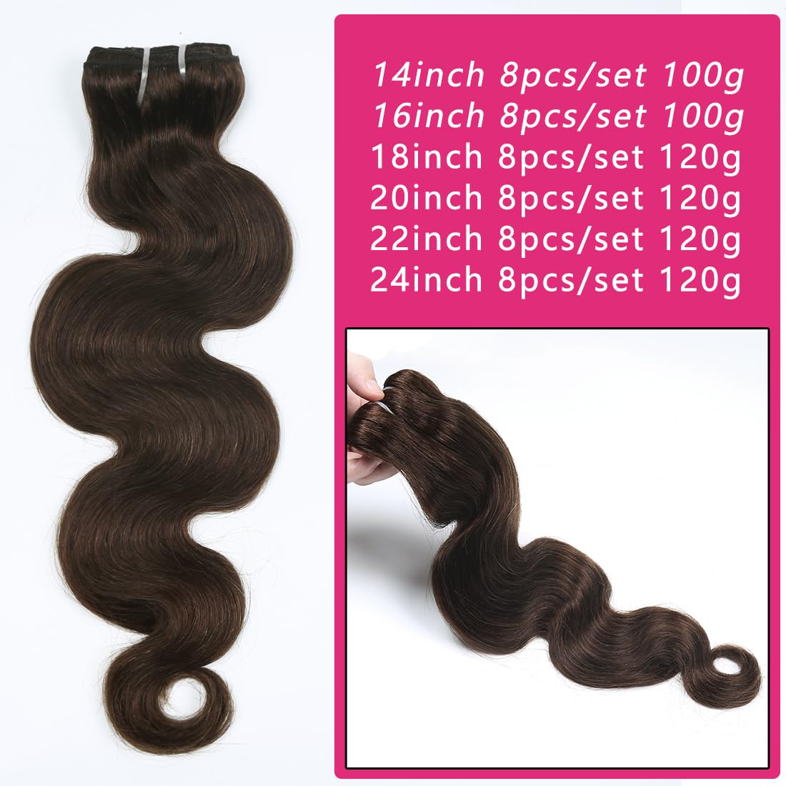 Clip in Hair Extensions Real Human Hair 14 Inch Remy Human Hair Extensions for Women Double Weft Seamless Clip ins Brazilian Body Wave Virgin Human Hair Extensions 8Pcs 100g 20 Clips Dark Brown