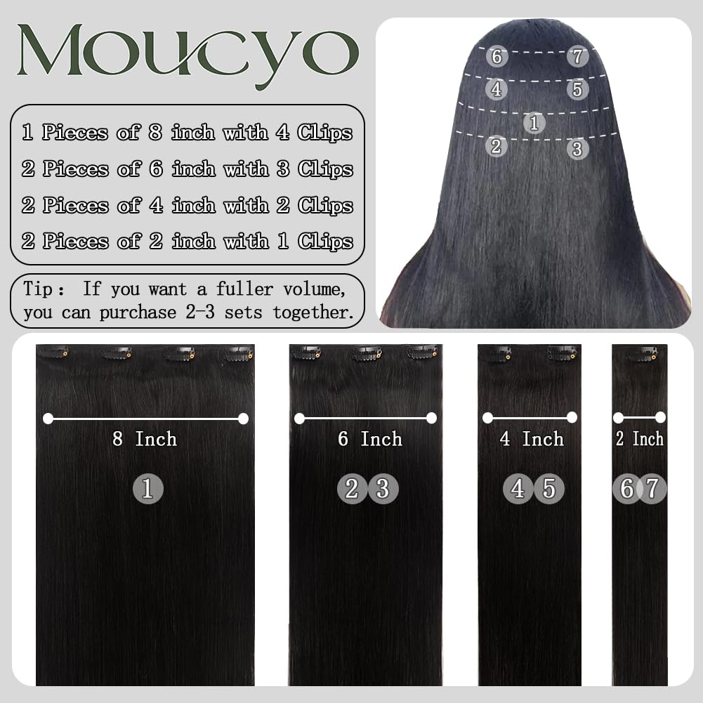 Moucyo Clip in Hair Extensions Real Human Hair 100% Brazilian Remy Human Hair Seamless Invisible clip on hair extensions for women Double Weft 7pcs 16 Inch 85g #1B Natural Black
