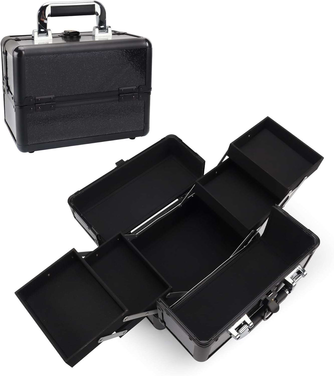 Makeup Train Case - 10.2" Hard Vanity Organizer with 4 Trays | Lockable Starry Black Travel Case for Artists