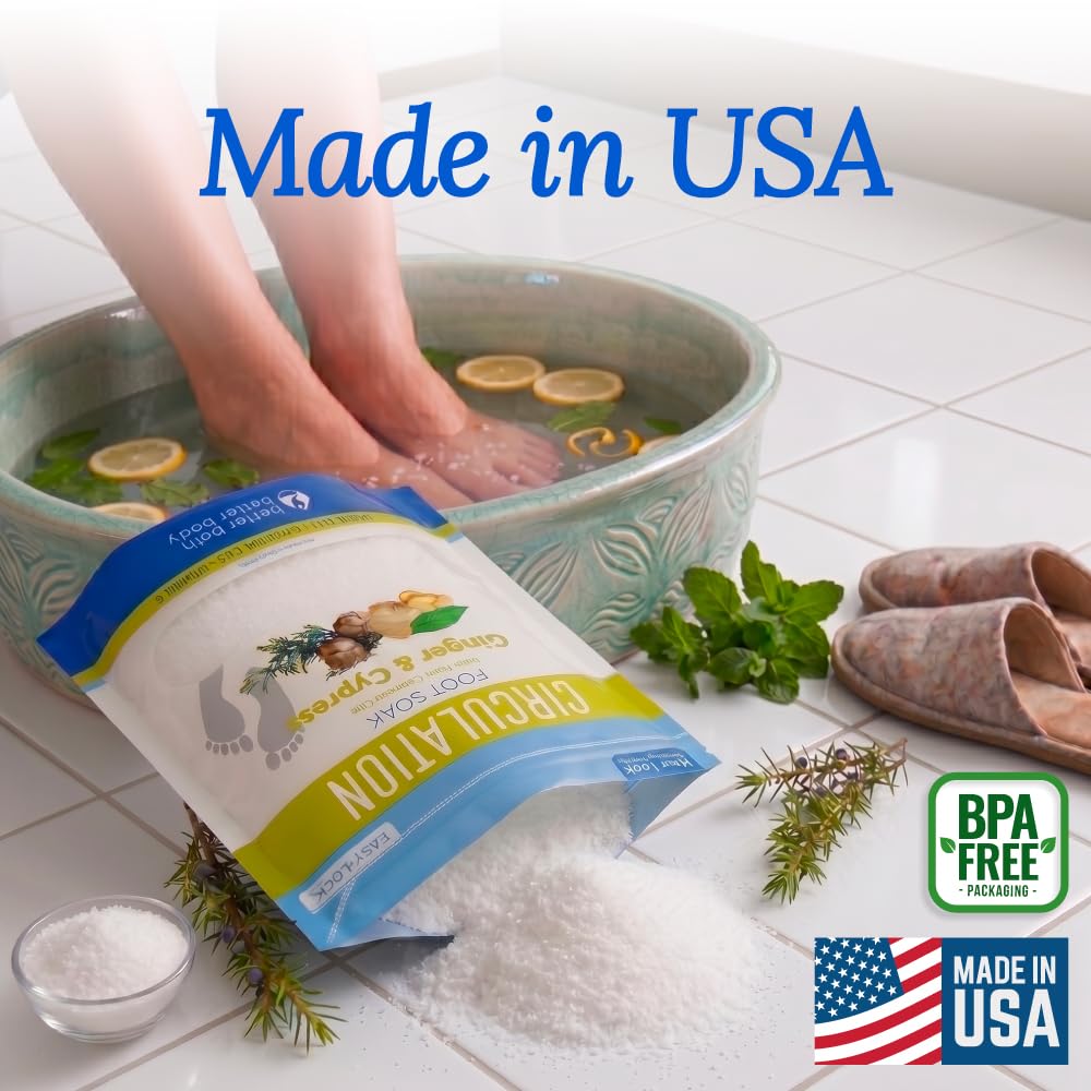 Circulation Foot Soak 32 Ounces (2 Lbs) Epsom Salt with Pure Essential Oils Ginger and Cypress Essential Oils Plus Vitamin C in BPA Free Pouch with Easy Press Lock Seal