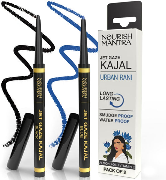 NOURISH MANTRA Jet Gaze Kajal Urban Rani - Combo - Black & Blue 0.35g | With Almond Oil, Argan Oil & Vitamin E | Intense Pigmentation | Smudge Proof | Water Proof | Long Lasting