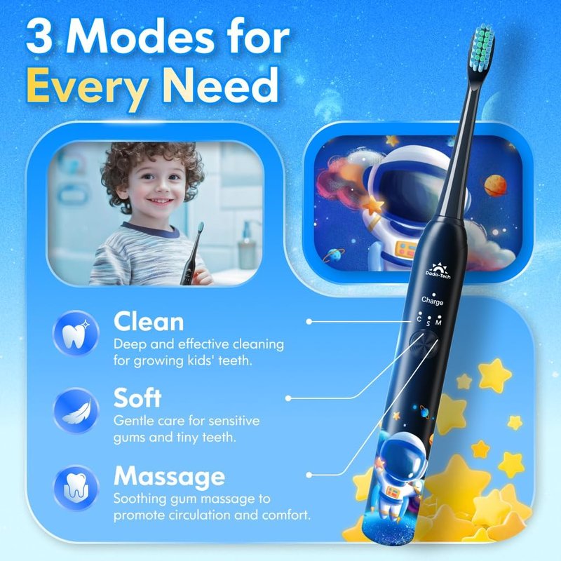 Kids Sonic Electric Toothbrush - Rechargeable with Timer & 4 Heads | Astronaut Black, Ages 3-18