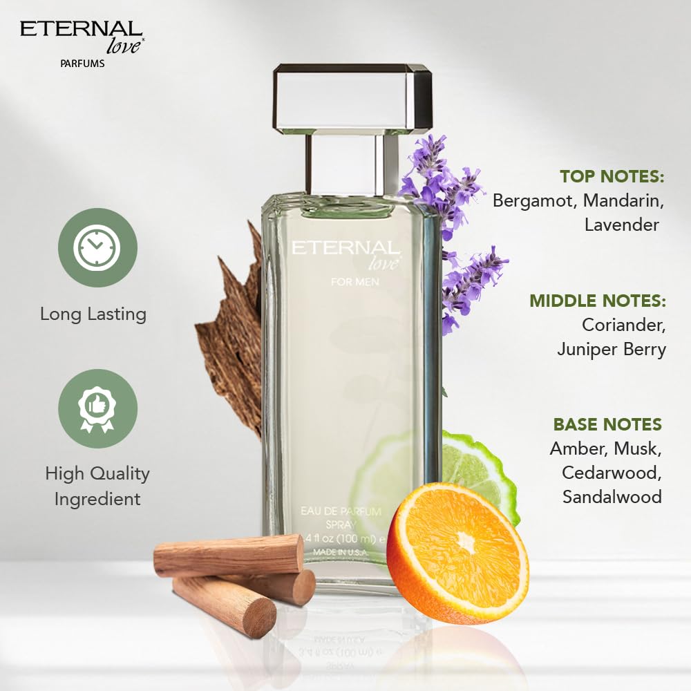 Eternal Love for Men - Long Lasting Eau de Parfum Spray - Premium Clean Fragrance with Amber & Cedarwood - Fresh Sophisticated Scent - 3.4oz