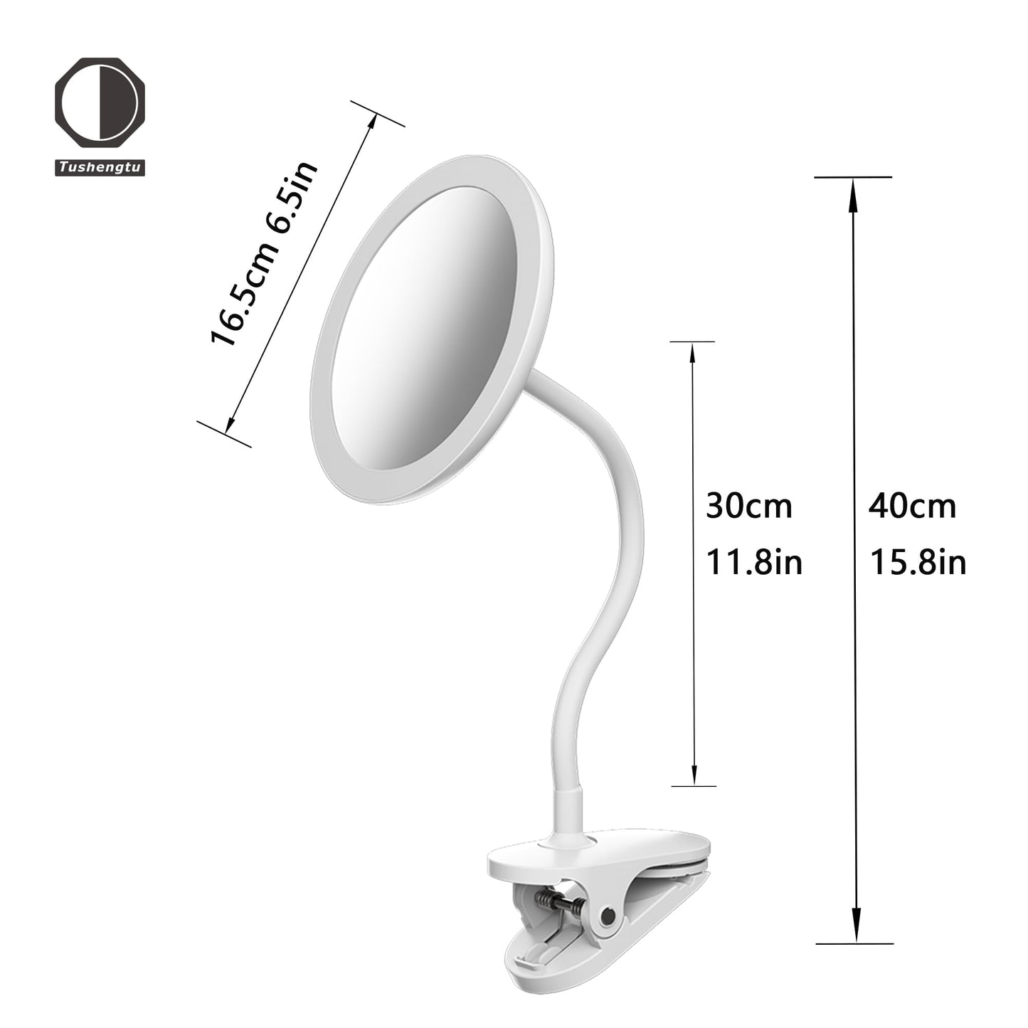 6.5" Clip On Gooseneck Makeup Vanity Mirror With Light, 2000mAh USB Lighted Travel Mirror, White 1X