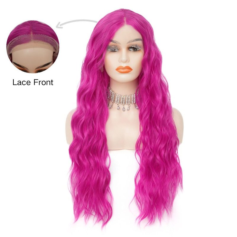 Siudus Hot Pink Long Lace Front Wigs for Women Curly Wavy Cosplay Wig Middle Part Synthetic Fibre Halloween Costume Party Wig