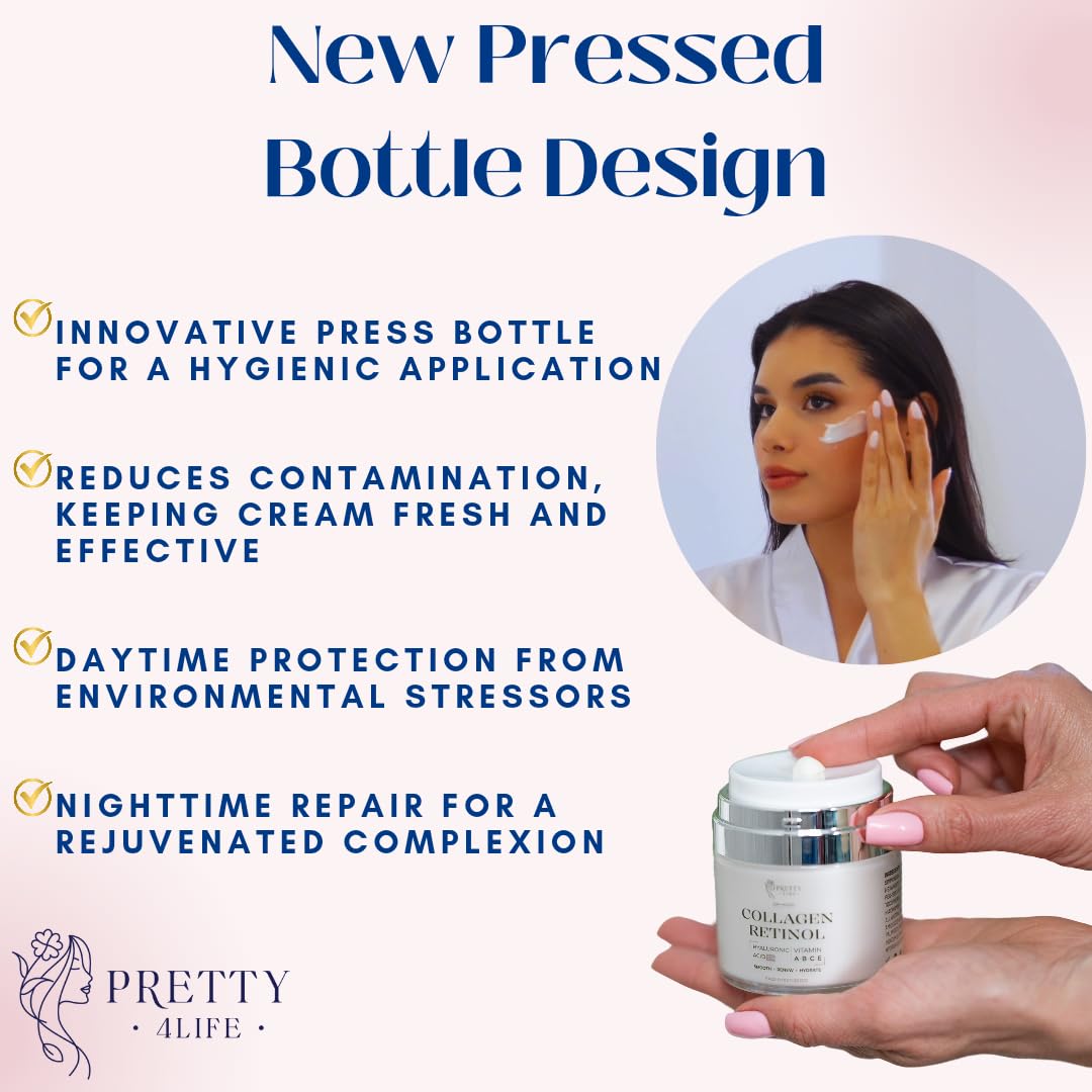 Pretty 4 Life Advanced Anti-Aging Cream - Collagen, Retinol, Hyaluronic Acid & Vitamin C - Moisturizer for Face, Neck & Décolleté - Firms, Hydrates & Reduces Wrinkles - Day/Night Formula - 1.7 oz
