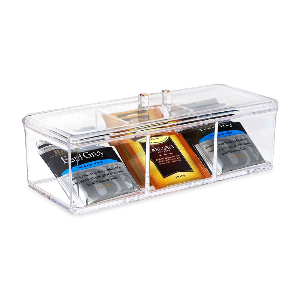 Isaac Jacobs 3-Compartment Clear Acrylic Rectangular Stackable Organizer with Lid, Multi-Sectional Drawer Tray, Storage Solution for Makeup, Craft Supplies, for Bathroom, Kitchen, Office (2, Clear)