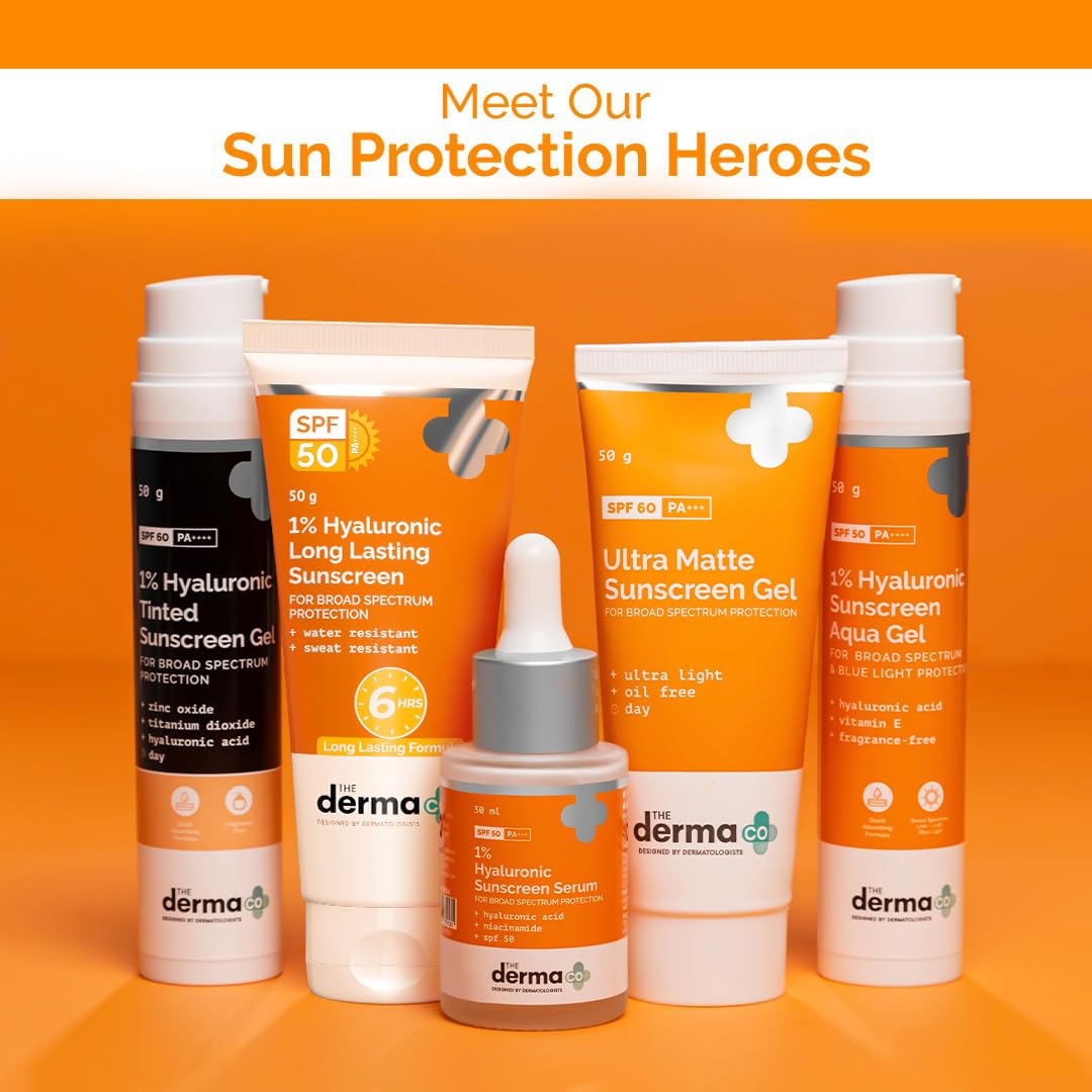 The Derma Co 1% Hyaluronic Long Lasting Sunscreen SPF 50 PA++++ With Hyaluronic Acid & Vitamin E For Broad Spectrum Protection Upto 6H Sun Protection Water & Sweat Resistant No Reapplication Needed