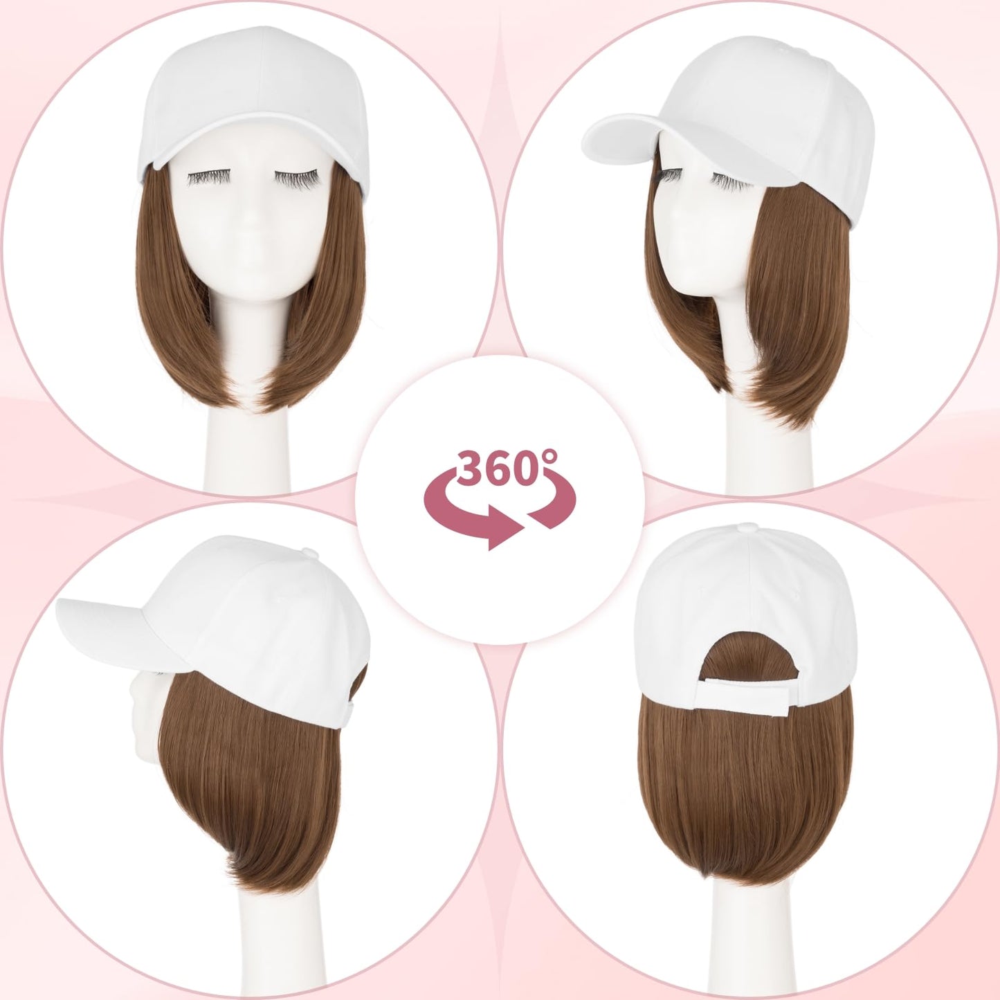SEGOHAIR Hat Wig for Women Baseball Cap with Hair Extensions 6 Inch Synthetic Straight Hair Adjustable Wig Hat with Attached Hair for Daily Wear,（10, Light Brown）