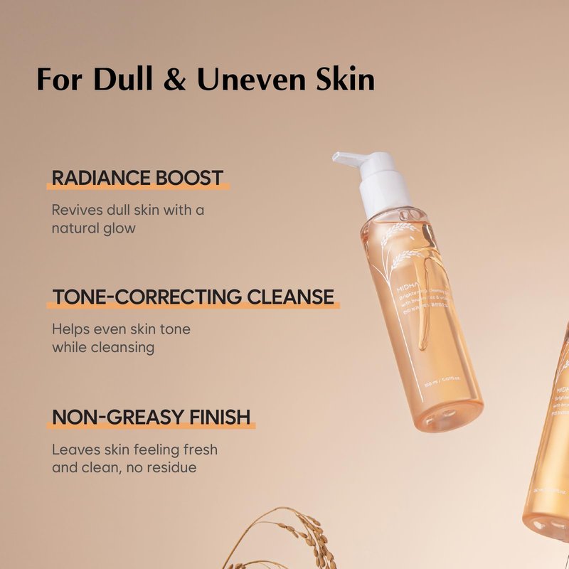 MIDHA Brightening Cleansing Oil with brown rice & vitamin C,5.07fl.oz/150ml,Radiant Skin, Deep Moisturising, Gentle Daily Cleanser, Face Wash for Sensitive Skin, Nourishing Care, Plant-Based