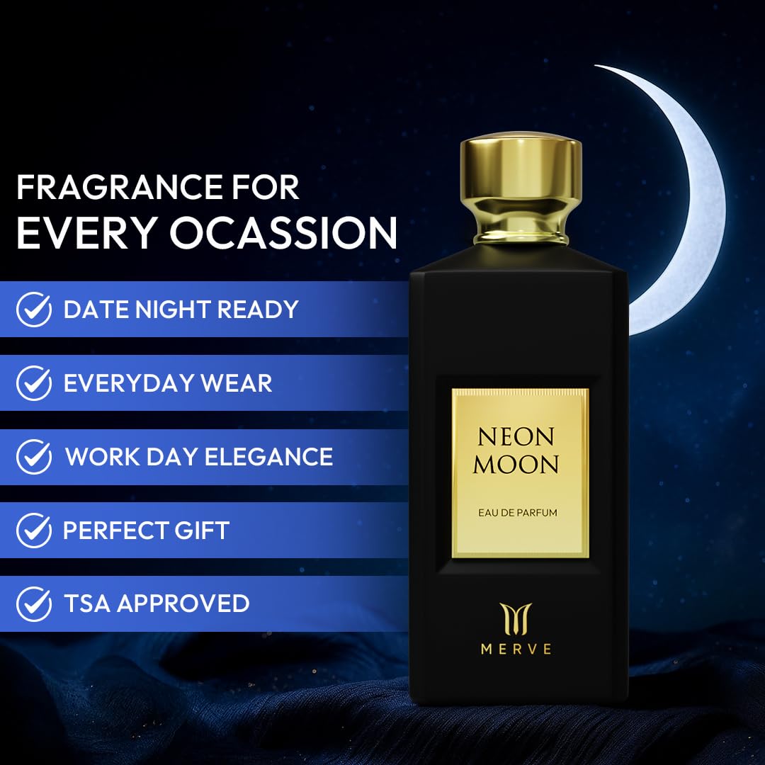 Merve Neon Moon Premium Long Lasting Fragrance Luxury Scent For Unisex | Spicy, Oud, Saffron | Last All Day | 3.4 Ounces