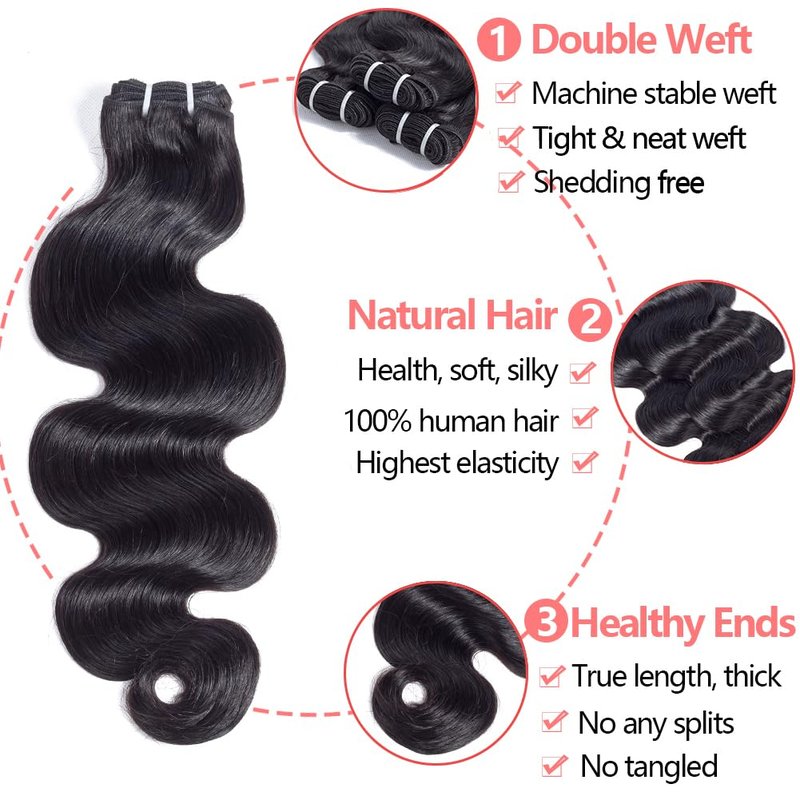 Body Wave Bundles Human Hair 16 Inch Human Hair Bundles Single Wavy Bundles 12A Brazilian Unprocessed Virgin Hair Extensions Human Natural Color Hair