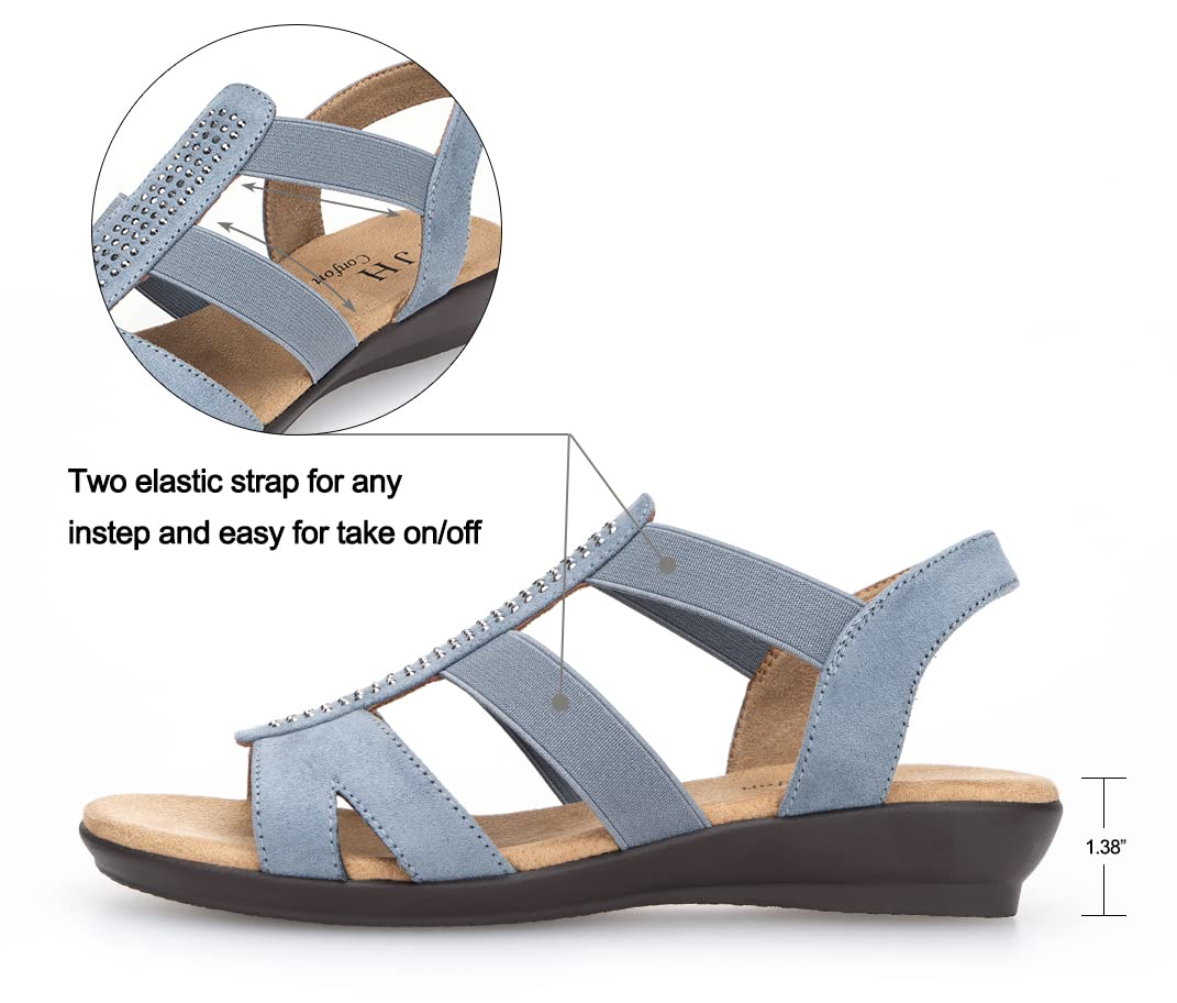 VJH confort Women's Flat Sandals with Rhinestone Open Toe Elastic Slip On Slingback Comfort Casual Walking Sandals (Dusty Blue,8)