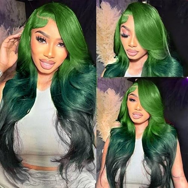 Ombre Green Lace Front Wigs Human Hair Body Wave 13x4 HD Glueless Lace Front Wig 3 Tone Light to Dark Green Colored for Fashion Women 180% Density 20 Inch